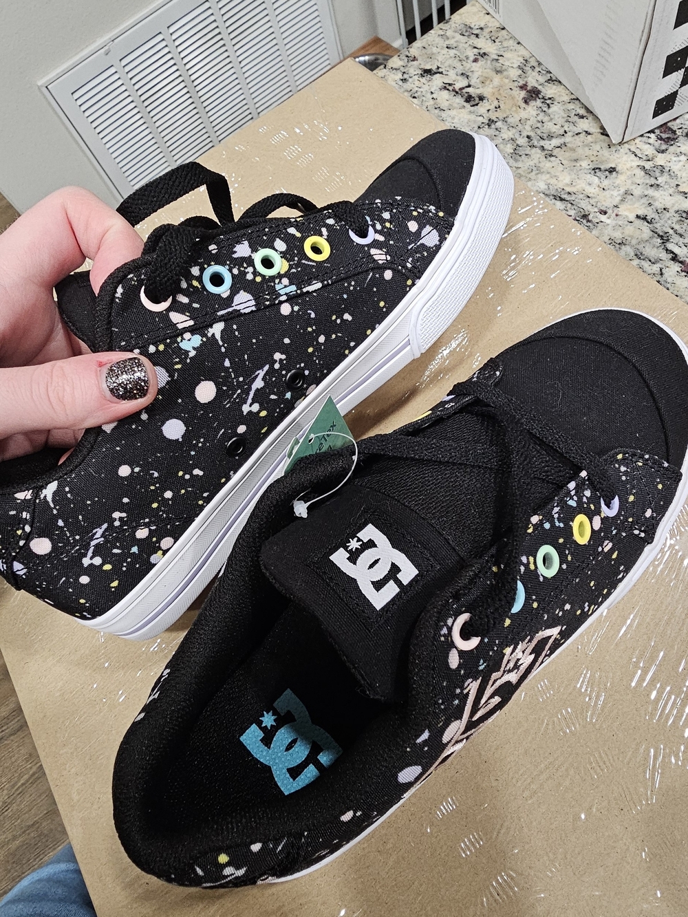 DC Kids Black Canvas Sneakers with Pastel Splatter and Multicolor Eyelets